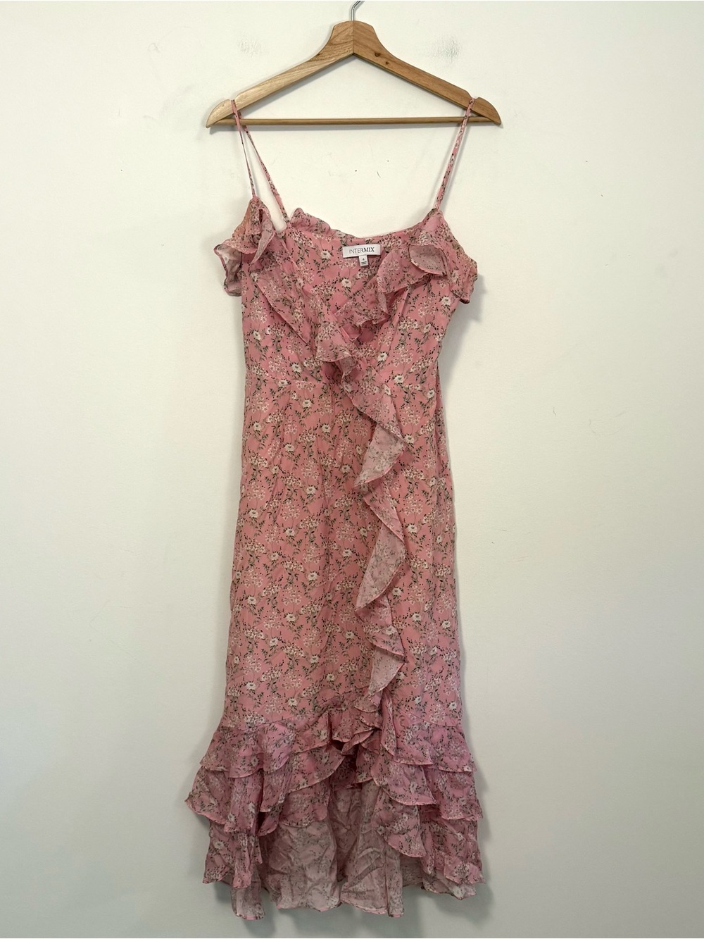 Intermix Pink Floral Silk Ruffle Midi Dress Size 4